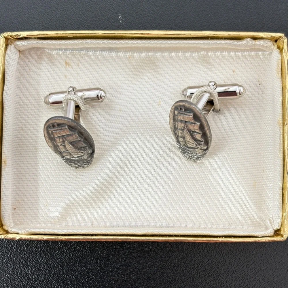Anson Mens Cufflinks OS Silver Grace Line Sailing Ship Vintage Nautical